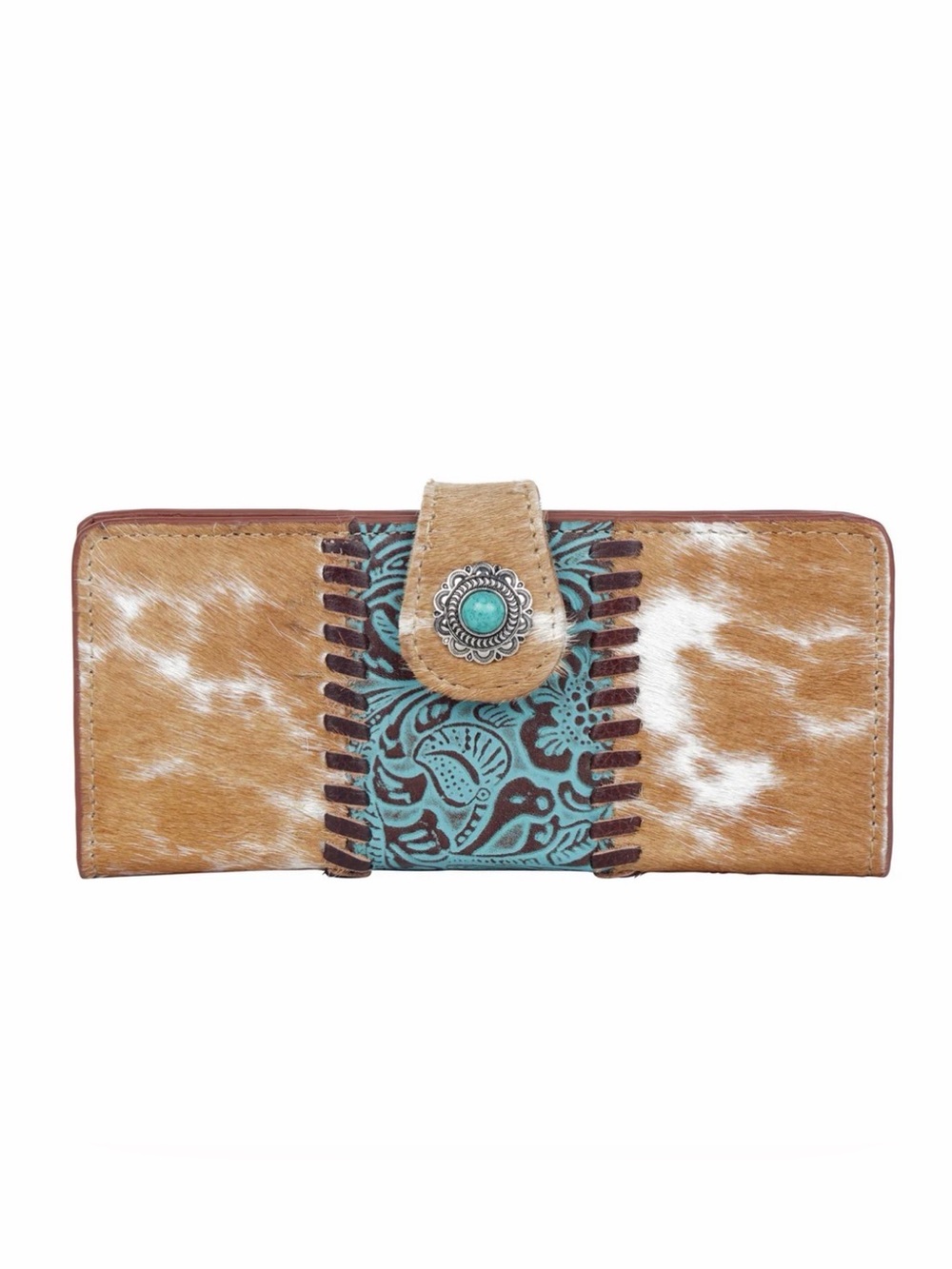 Western Wallet Turquoise Tooled Cowhide Wallet with Concho Accent